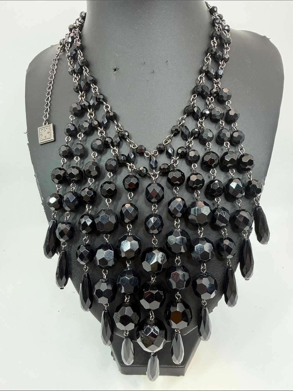 Elegant Black Faceted Multi-Tier Bib Waterfall Necklace